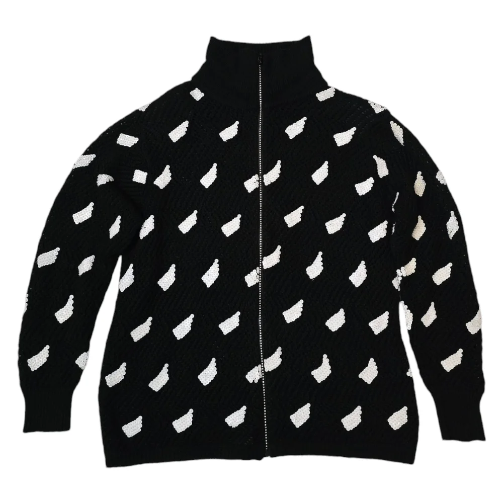 Women's Gardy Cardigan Knit Sweater Black Knit White Sequins Rhinestone Zipper L - Picture 13 of 13